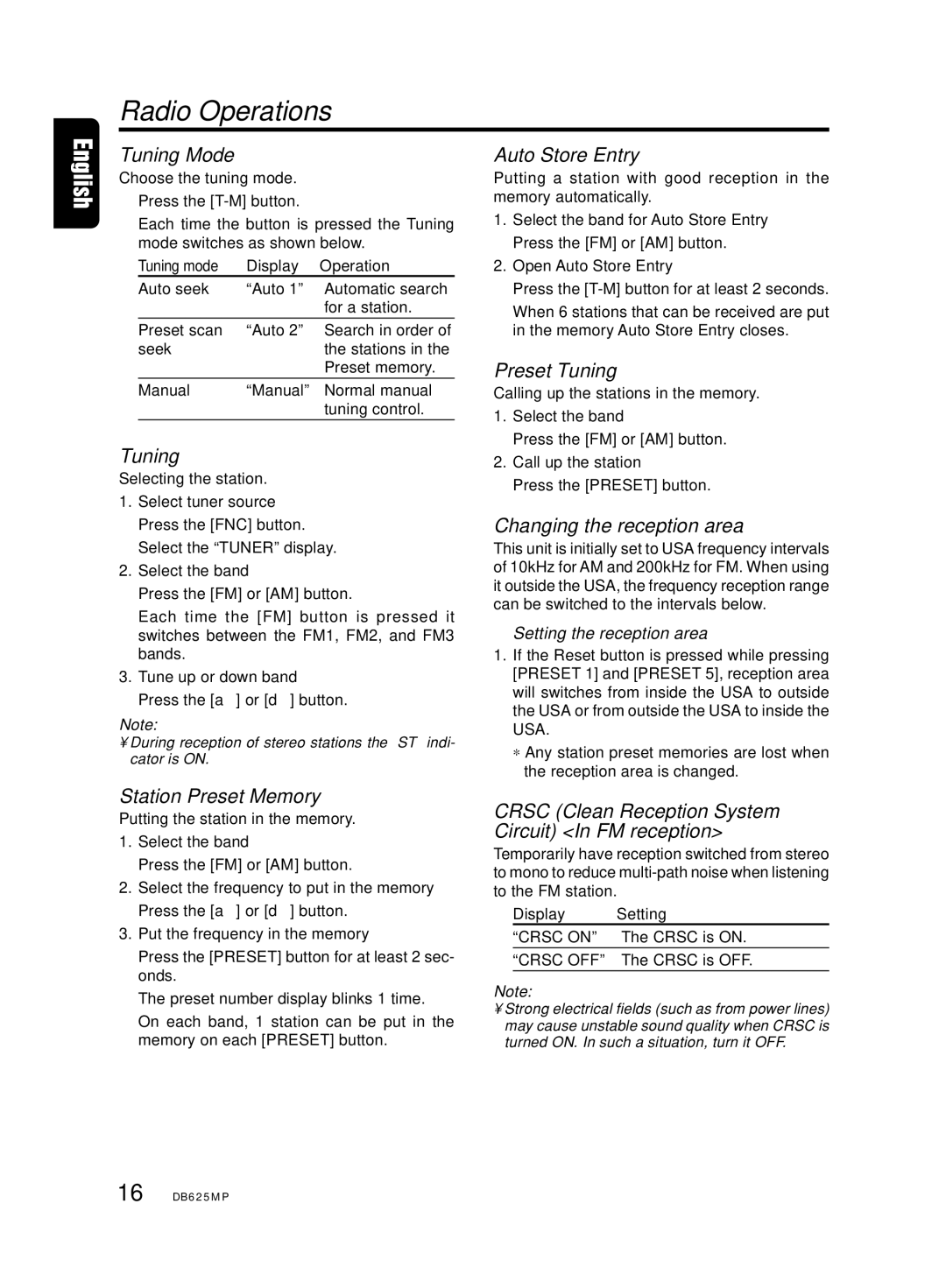 Clarion DB625MP owner manual Radio Operations 