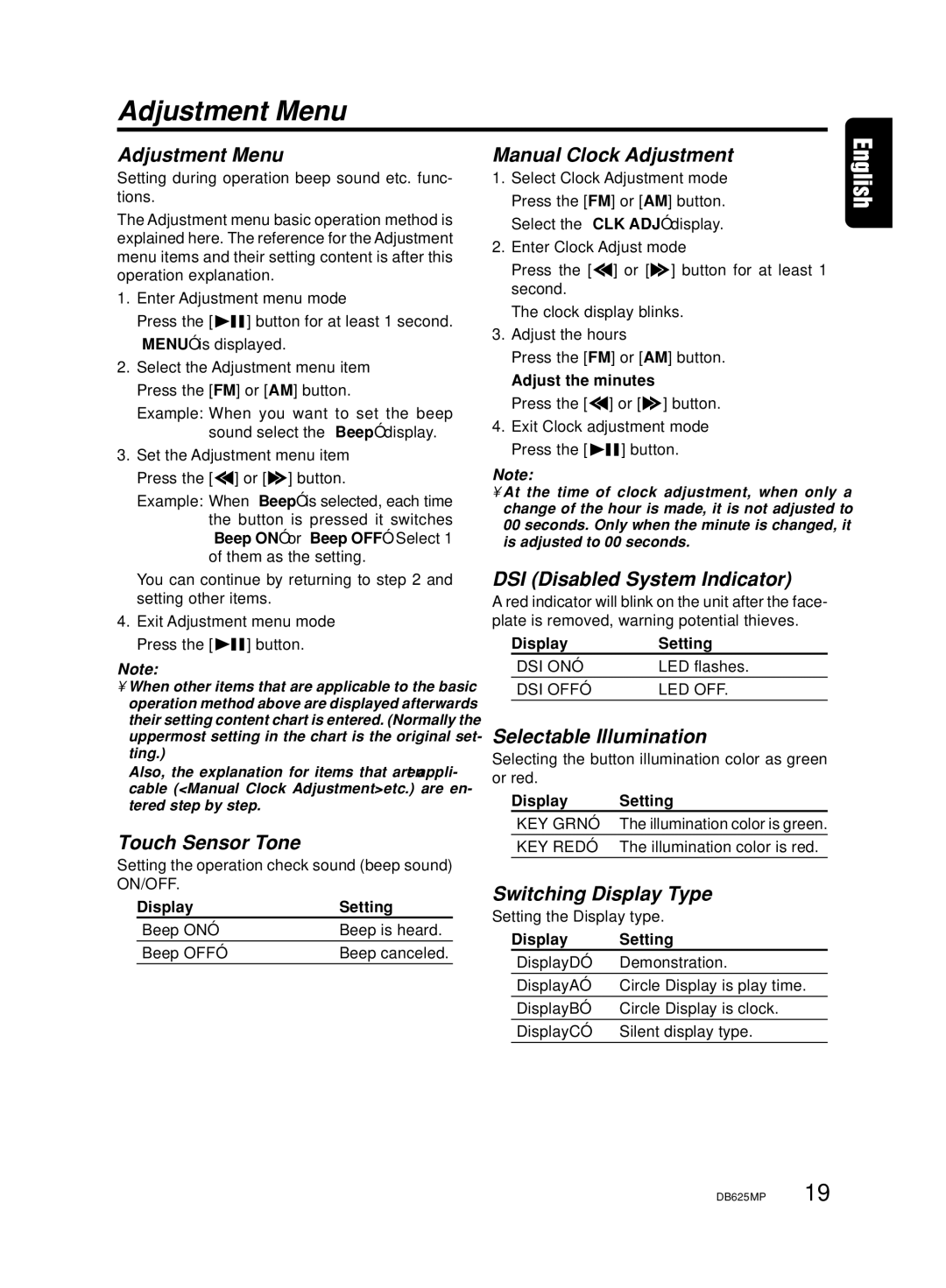 Clarion DB625MP owner manual Adjustment Menu 