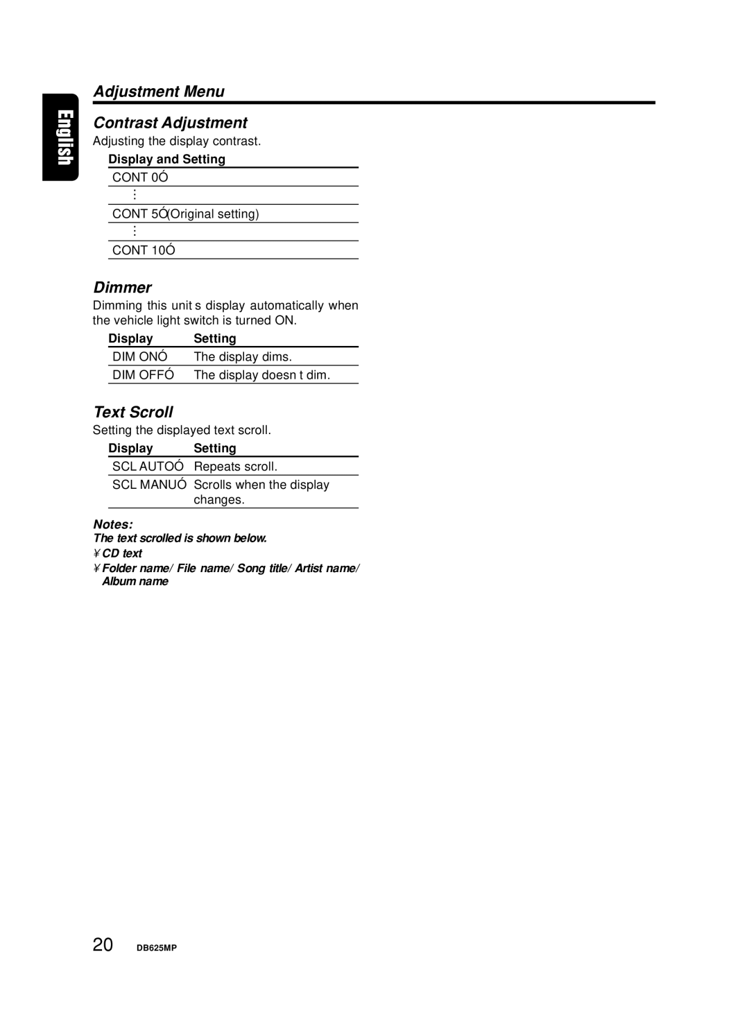 Clarion DB625MP owner manual Adjustment Menu Contrast Adjustment, Dimmer, Text Scroll, Display and Setting 