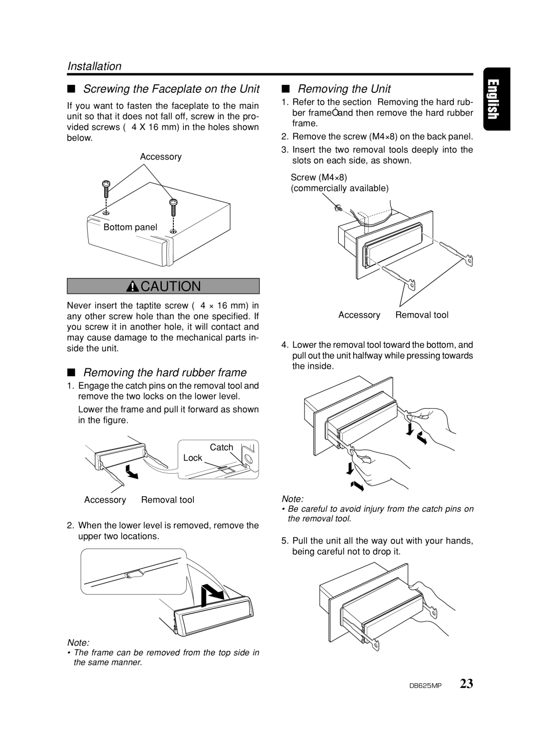 Clarion DB625MP owner manual Removing the hard rubber frame 