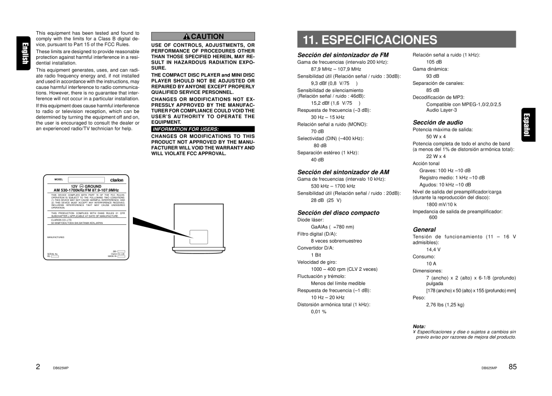 Clarion DB625MP owner manual Especificaciones 