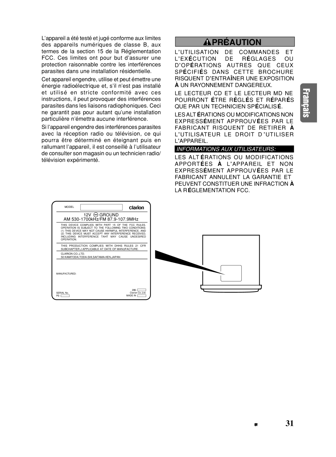 Clarion DB625MP owner manual Précaution 