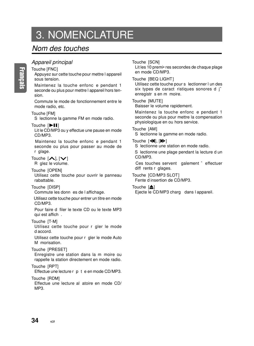 Clarion DB625MP owner manual Nom des touches, Appareil principal 