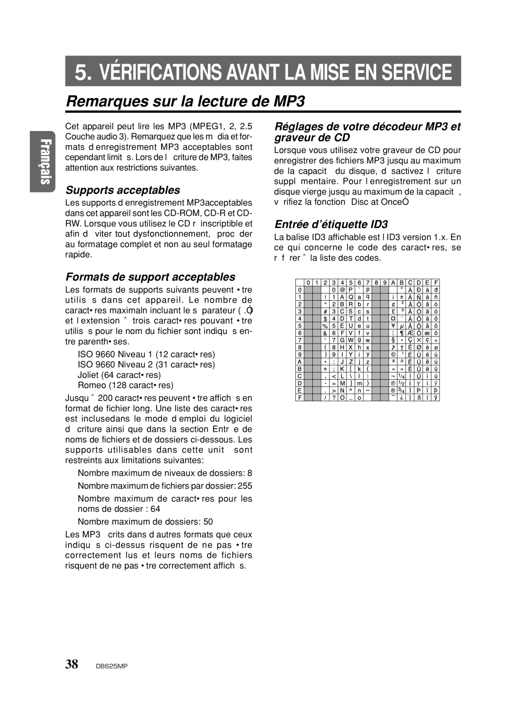 Clarion DB625MP Remarques sur la lecture de MP3, Supports acceptables, Réglages de votre décodeur MP3 et graveur de CD 