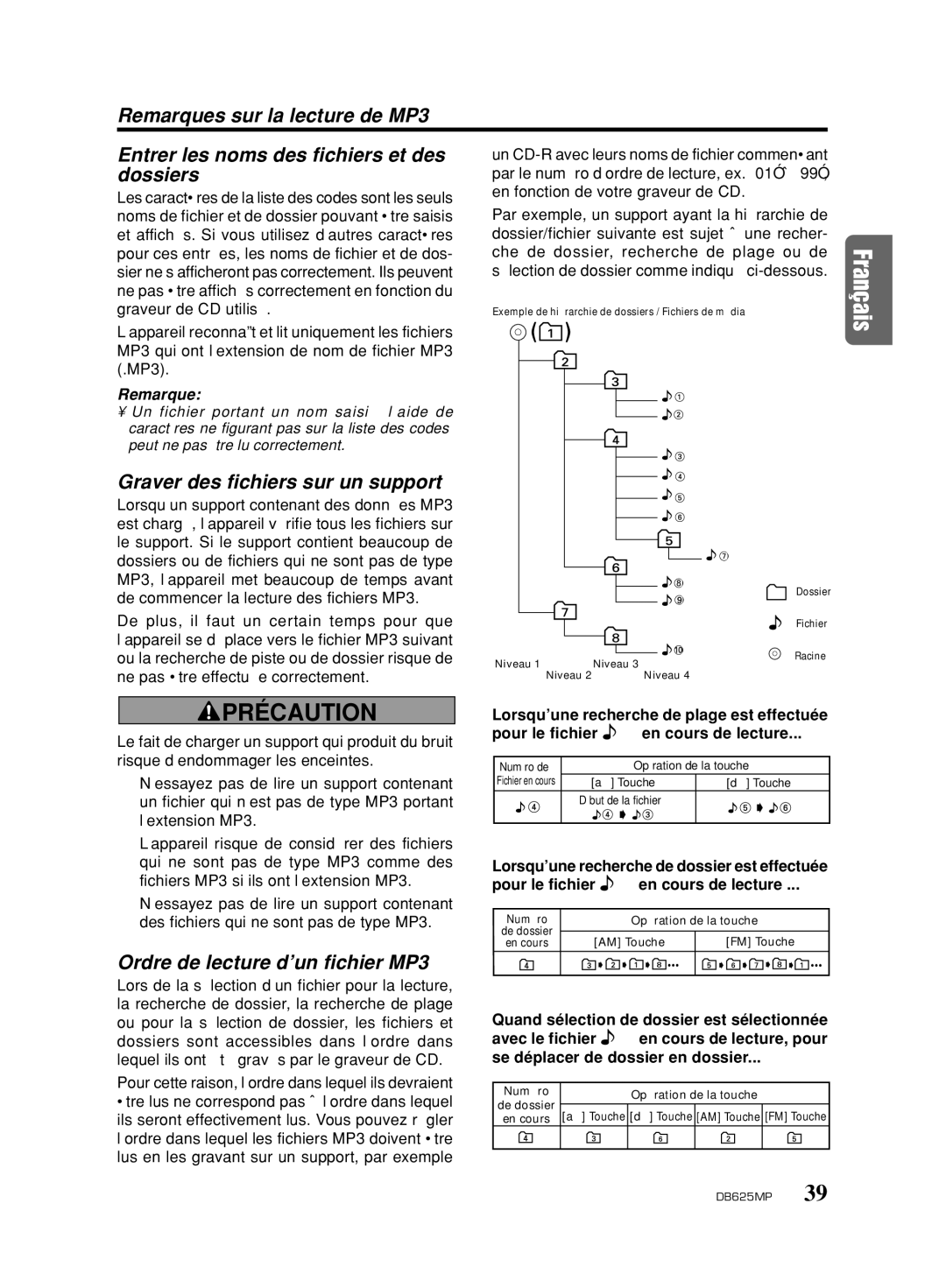 Clarion DB625MP owner manual Dossiers, Graver des fichiers sur un support, Ordre de lecture d’un fichier MP3, Remarque 