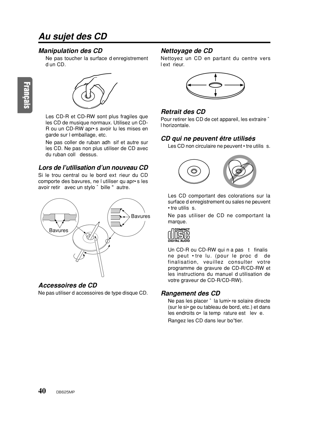 Clarion DB625MP owner manual Au sujet des CD 