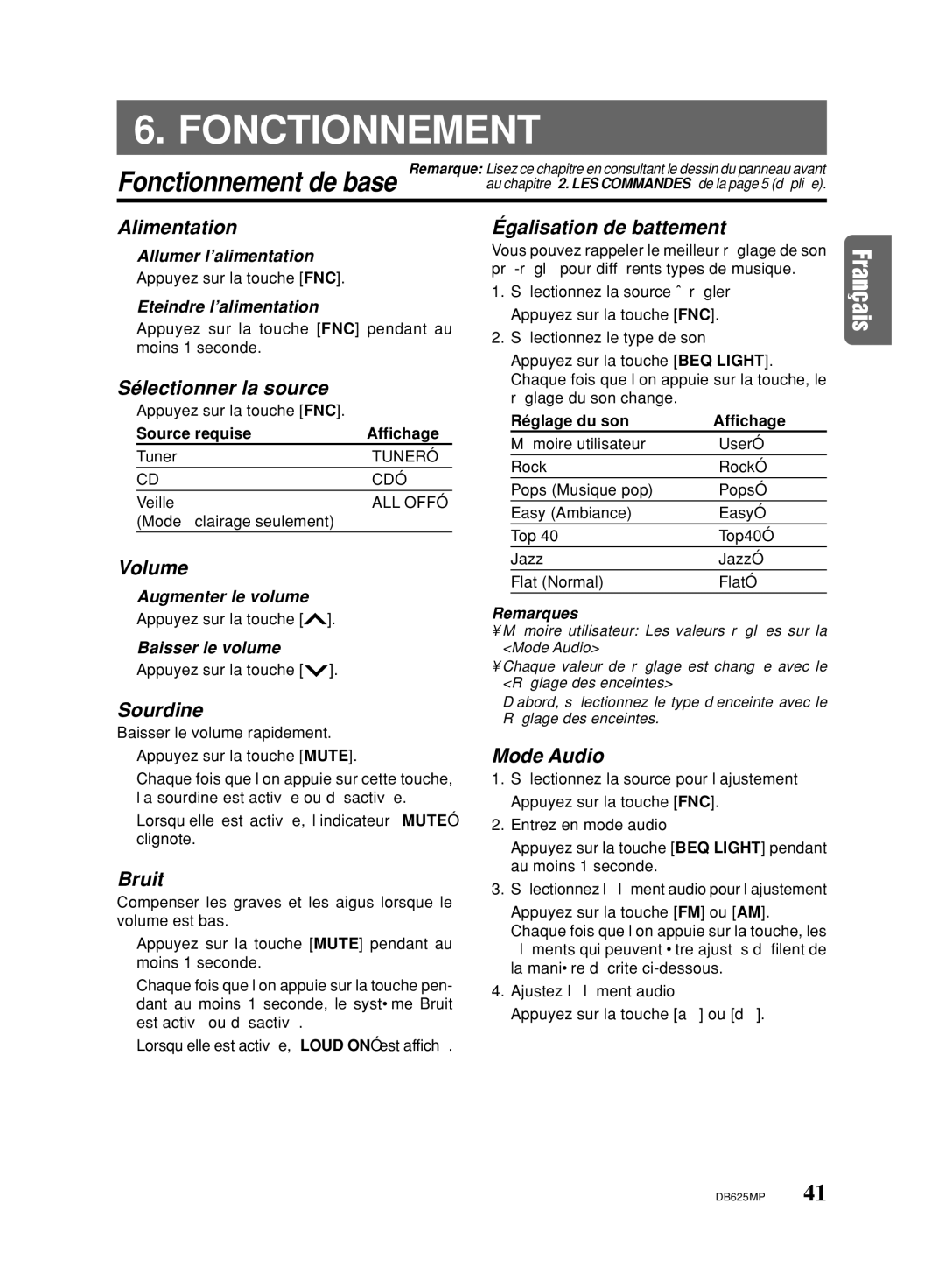 Clarion DB625MP owner manual Fonctionnement 