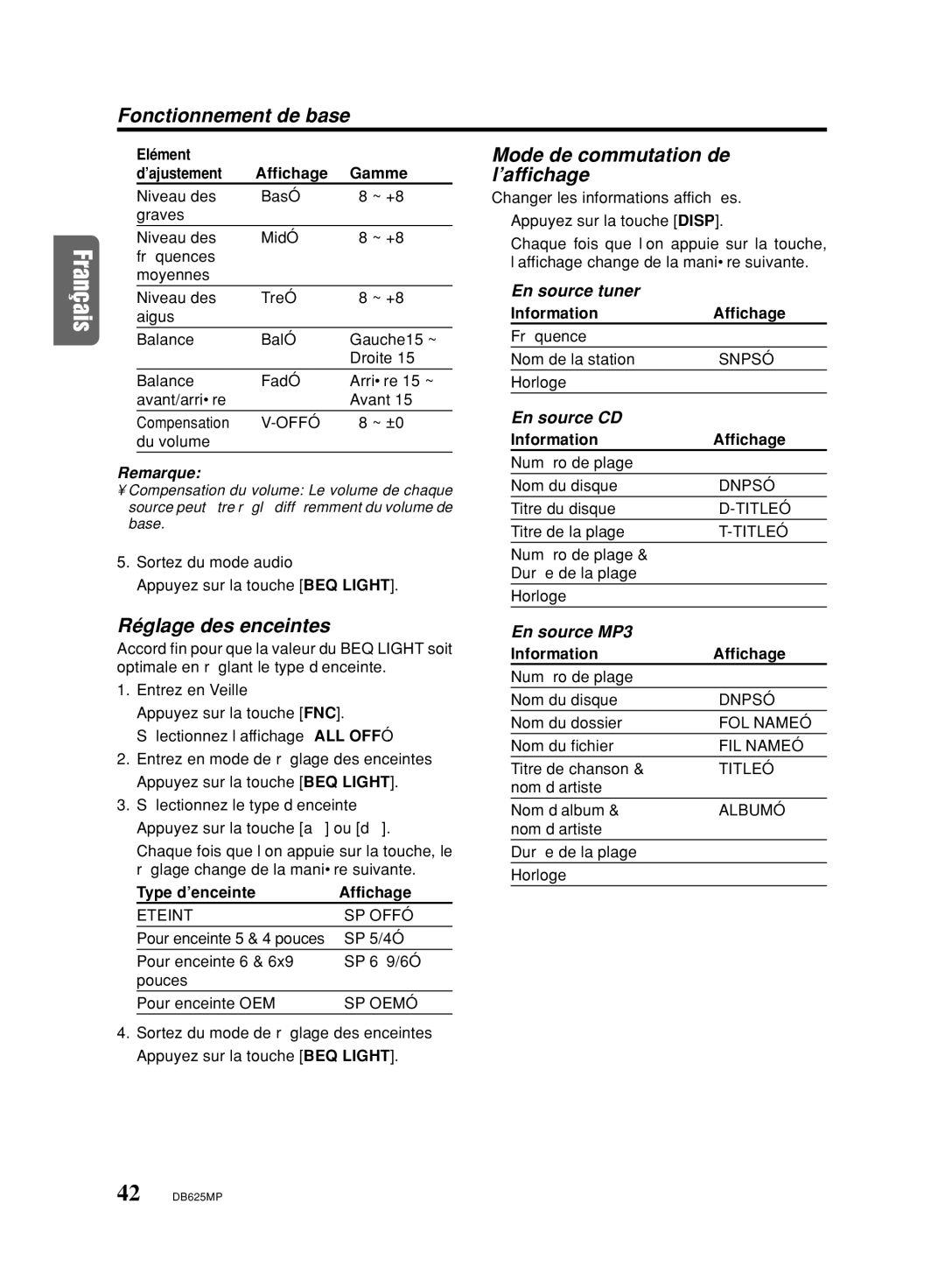 Clarion DB625MP owner manual Fonctionnement de base, Mode de commutation de l’affichage, Réglage des enceintes 