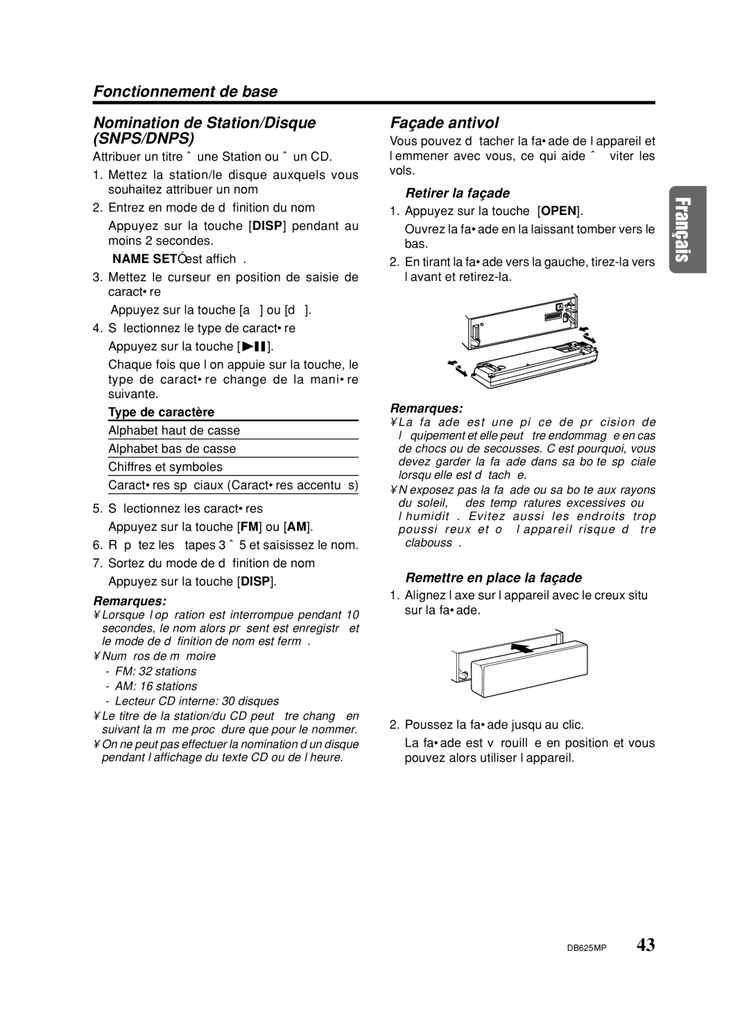 Clarion DB625MP owner manual Retirer la façade, Moins 2 secondes Bas Name SET est affiché, Type de caractère 