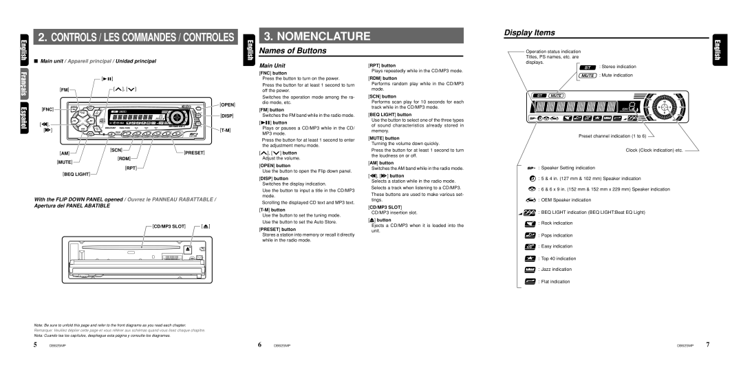 Clarion DB625MP owner manual Nomenclature, Names of Buttons Display Items, Main Unit 