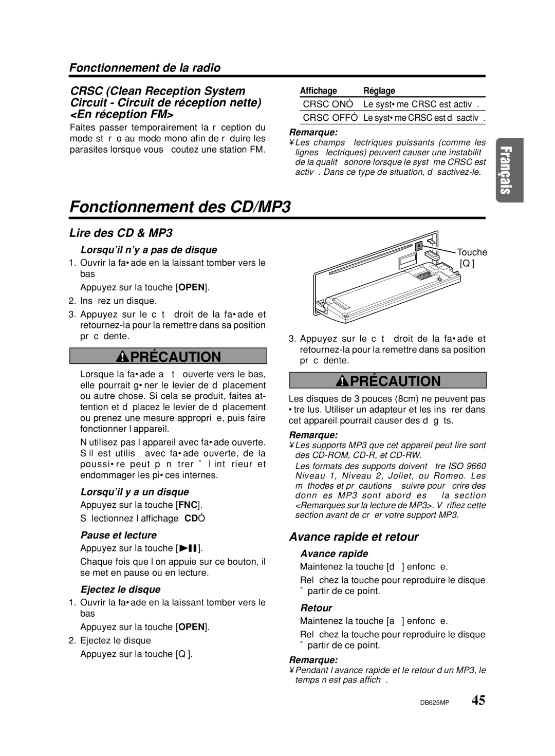 Clarion DB625MP owner manual Fonctionnement des CD/MP3, Lire des CD & MP3, Avance rapide et retour 