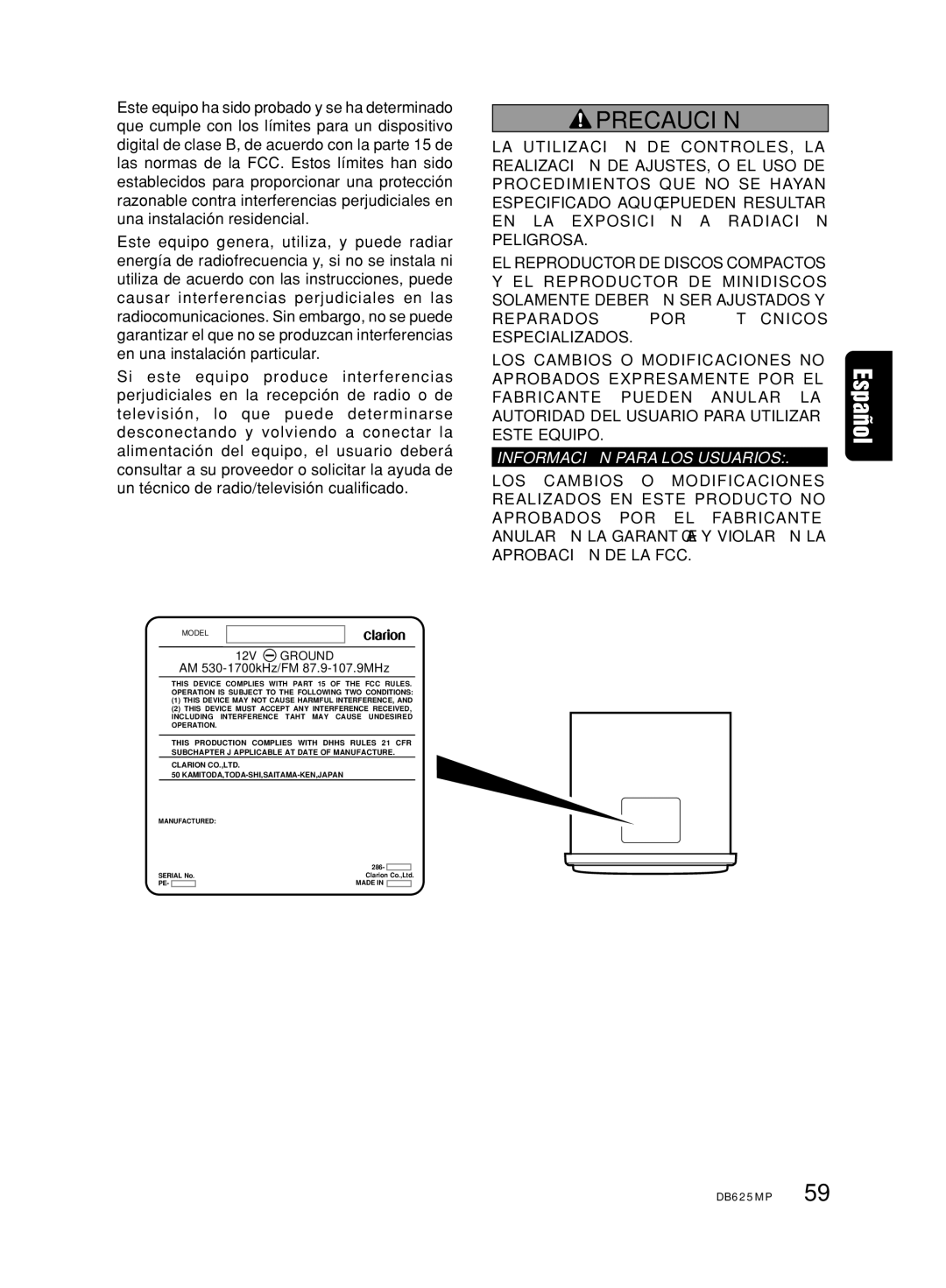 Clarion DB625MP owner manual Precaución 