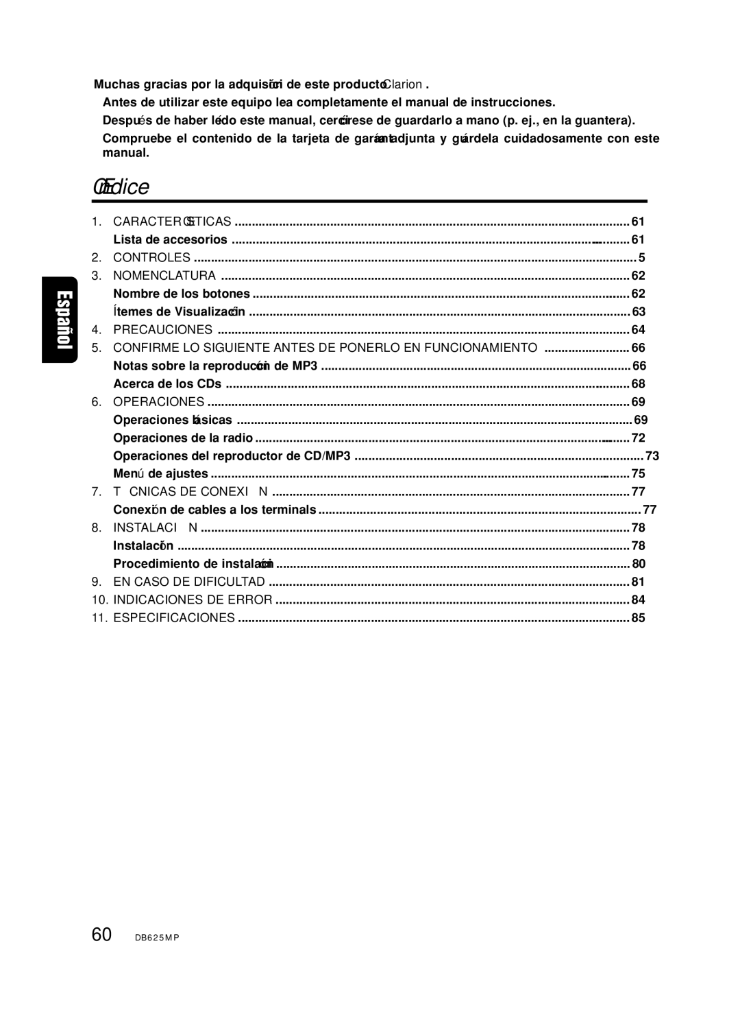 Clarion DB625MP owner manual Índice, Operaciones del reproductor de CD/MP3 