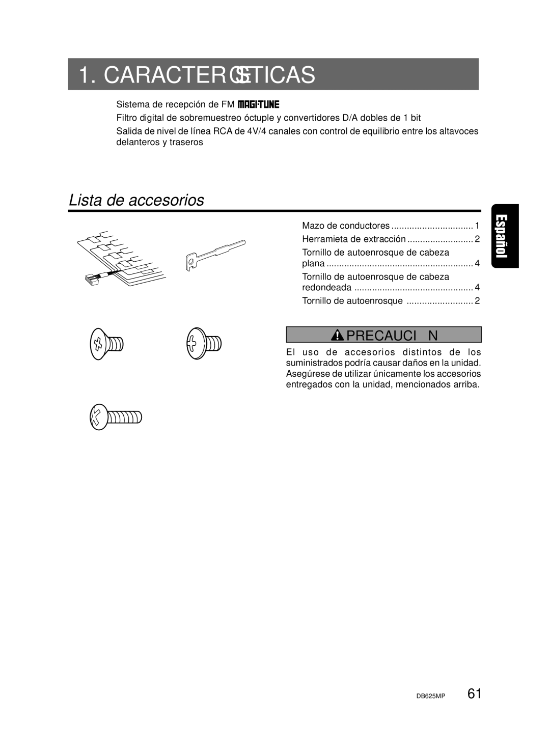 Clarion DB625MP owner manual Características, Lista de accesorios, Tornillo de autoenrosque de cabeza 