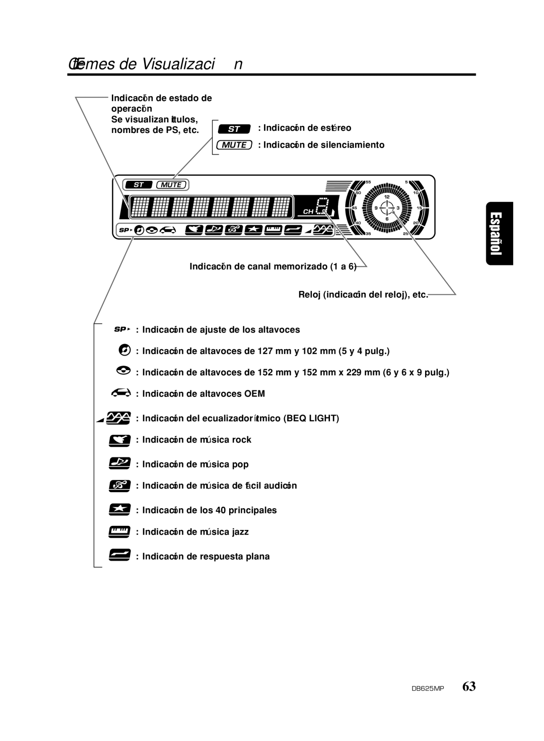 Clarion DB625MP owner manual Ítemes de Visualización 