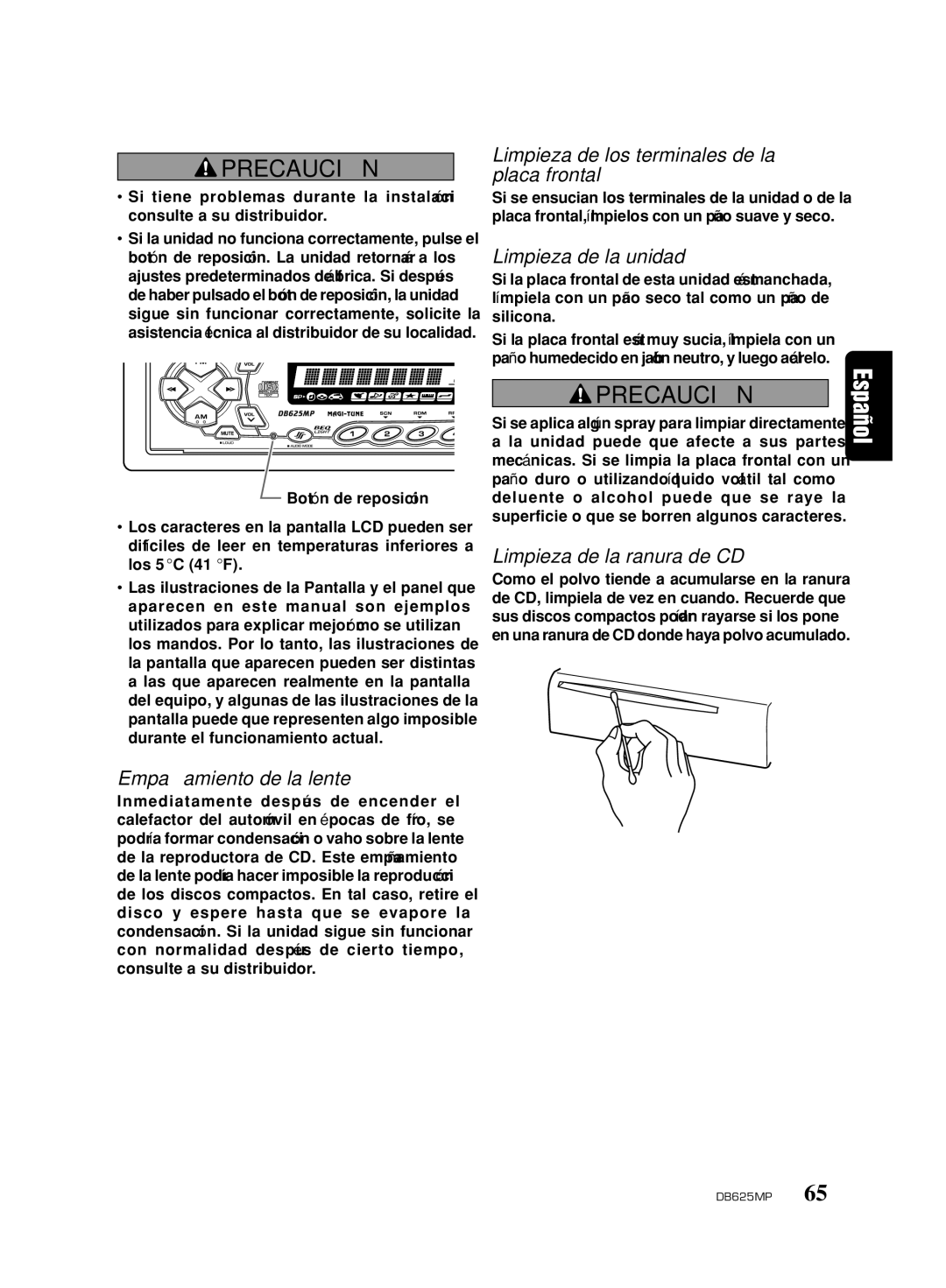 Clarion DB625MP Empañamiento de la lente, Limpieza de los terminales de la placa frontal, Limpieza de la unidad 