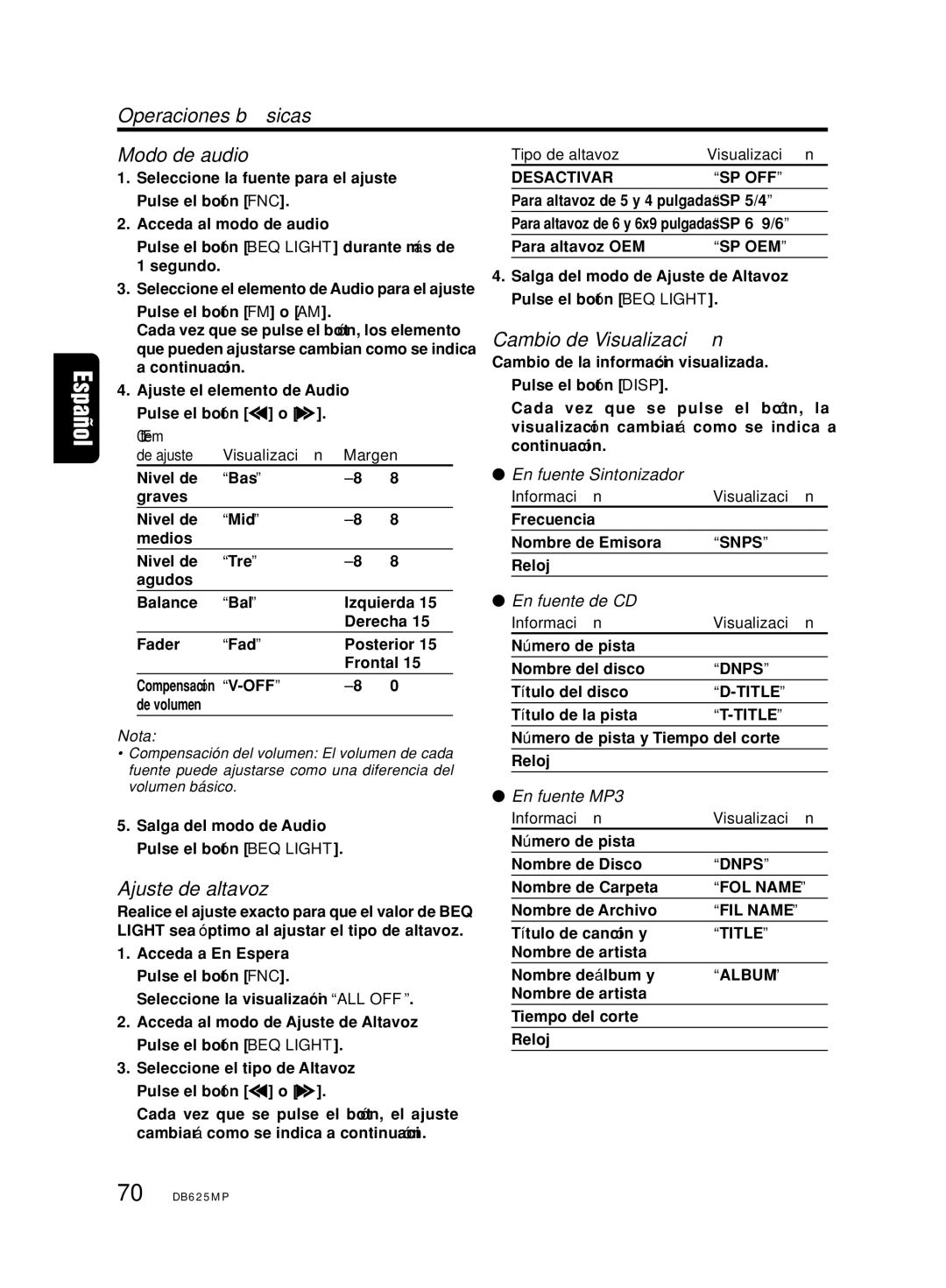 Clarion DB625MP owner manual Operaciones básicas Modo de audio, Cambio de Visualización, Ajuste de altavoz 