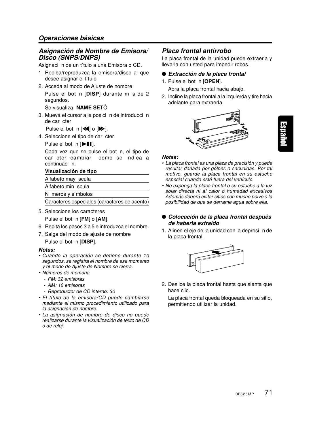 Clarion DB625MP owner manual Extracción de la placa frontal, Visualización de tipo, Colocación de la placa frontal después 