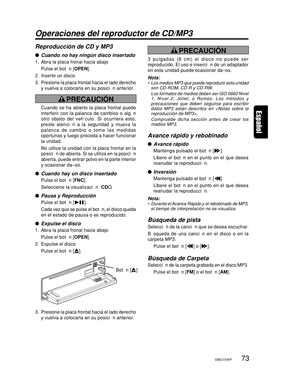 Clarion DB625MP owner manual Operaciones del reproductor de CD/MP3, Reproducción de CD y MP3, Avance rápido y rebobinado 