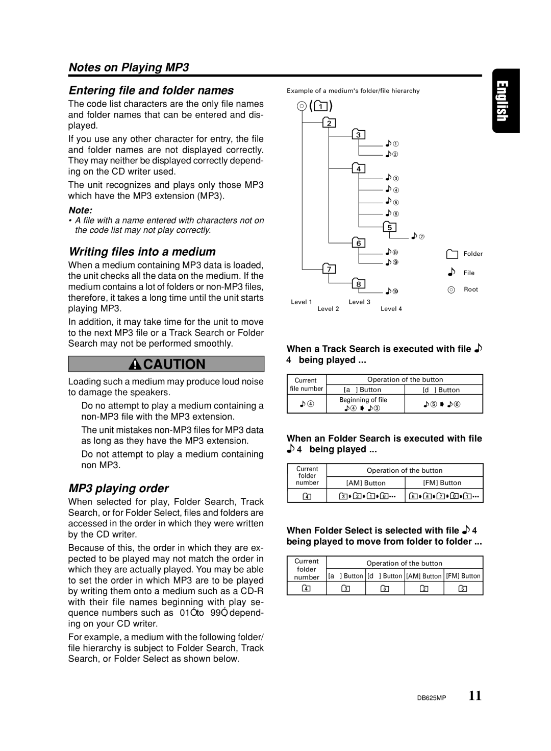 Clarion DB625MP owner manual Entering file and folder names, Writing files into a medium, MP3 playing order 