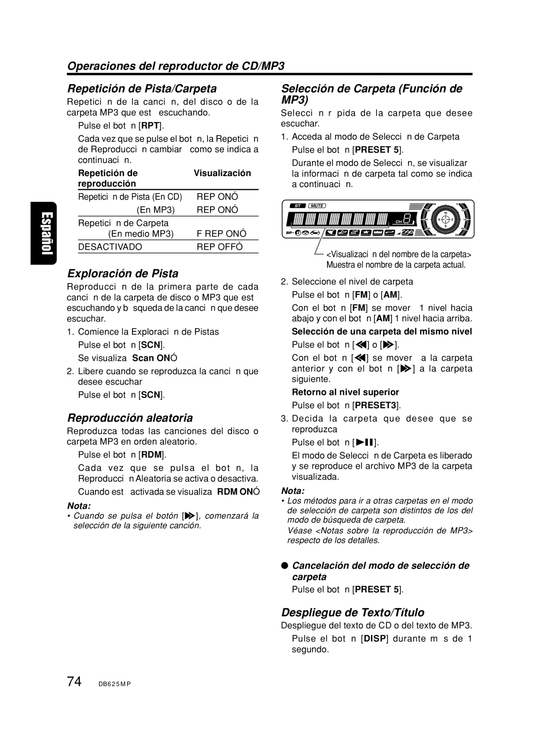 Clarion DB625MP owner manual Exploración de Pista, Reproducción aleatoria, Selección de Carpeta Función de MP3 