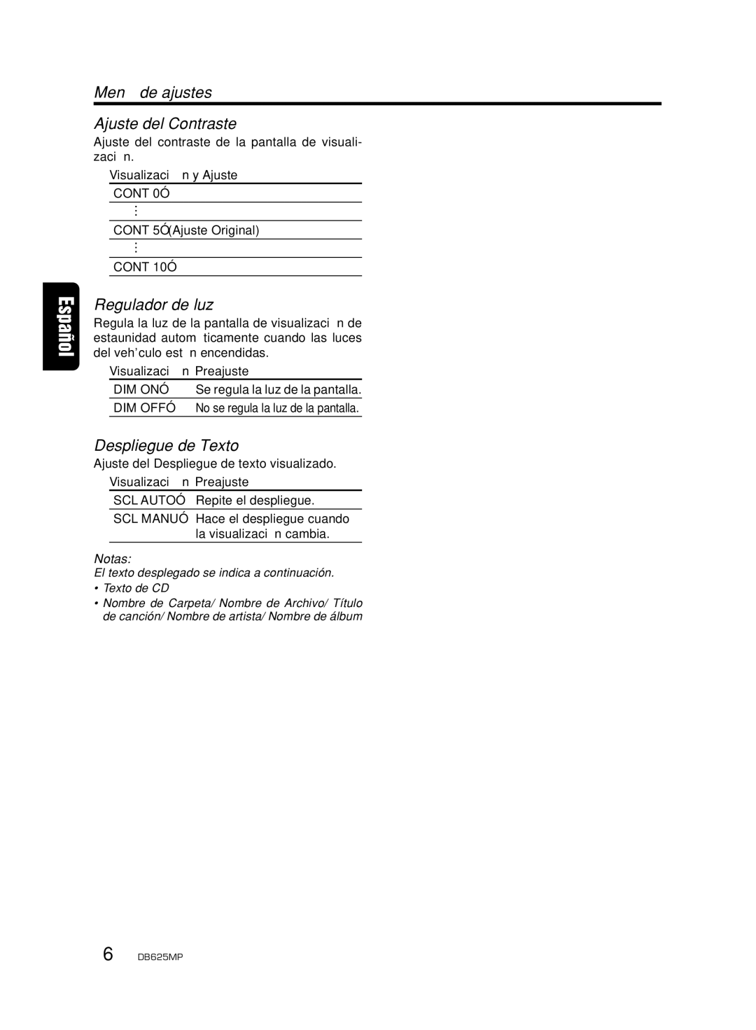 Clarion DB625MP Menú de ajustes Ajuste del Contraste, Regulador de luz, Despliegue de Texto, Visualización y Ajuste 