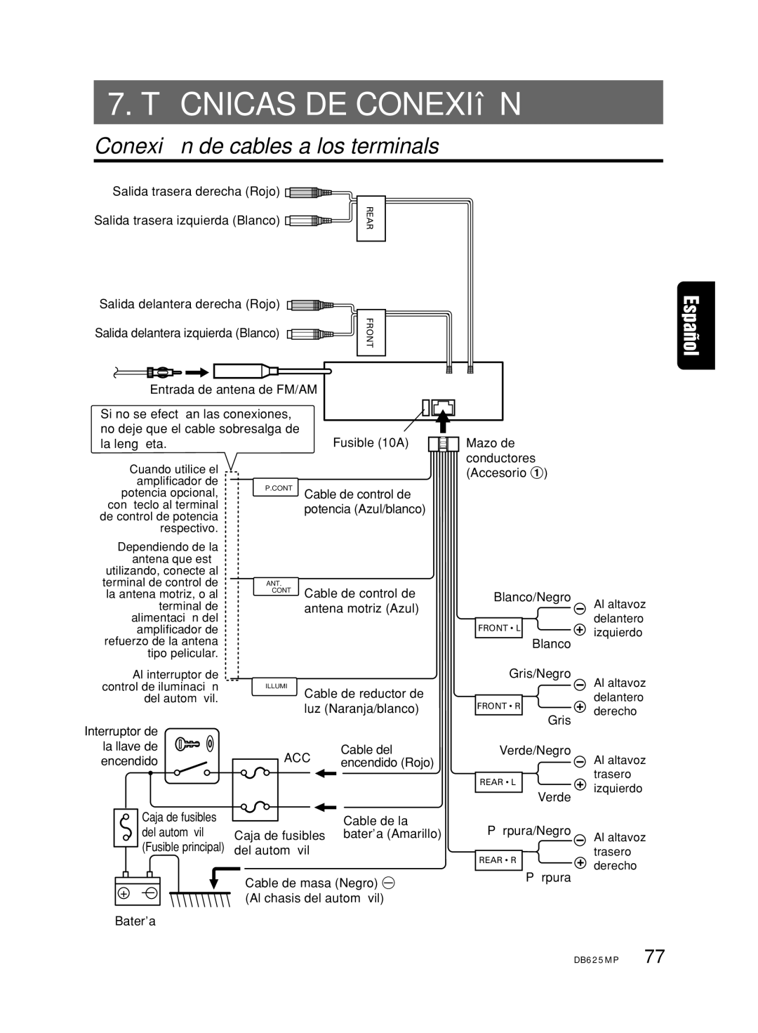 Clarion DB625MP owner manual Técnicas DE Conexión, Conexión de cables a los terminals 