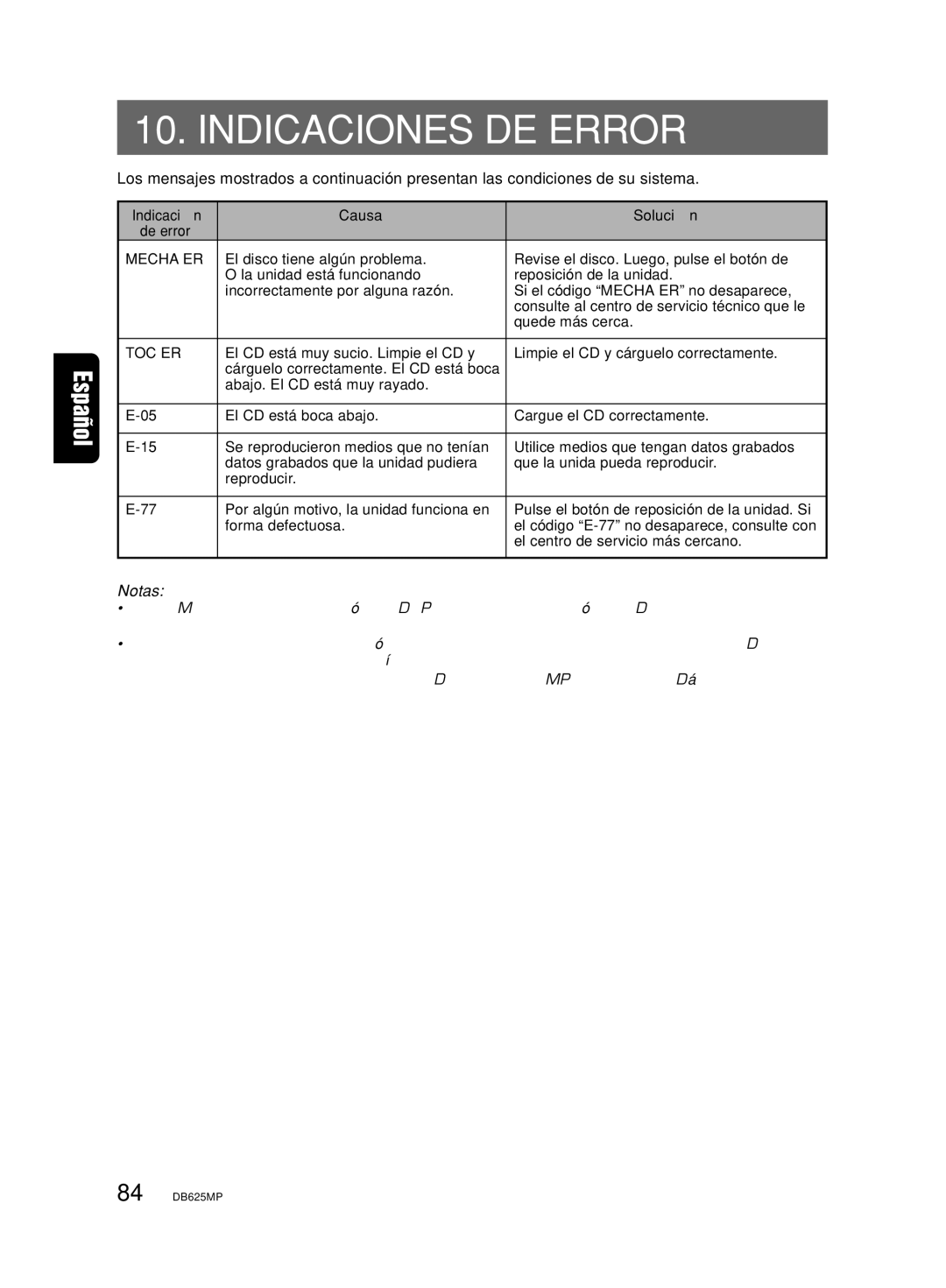 Clarion DB625MP owner manual Indicaciones DE Error, Notas 