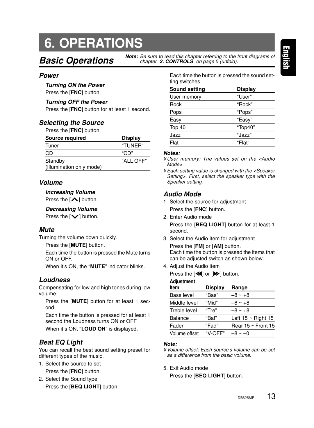 Clarion DB625MP owner manual Basic Operations 