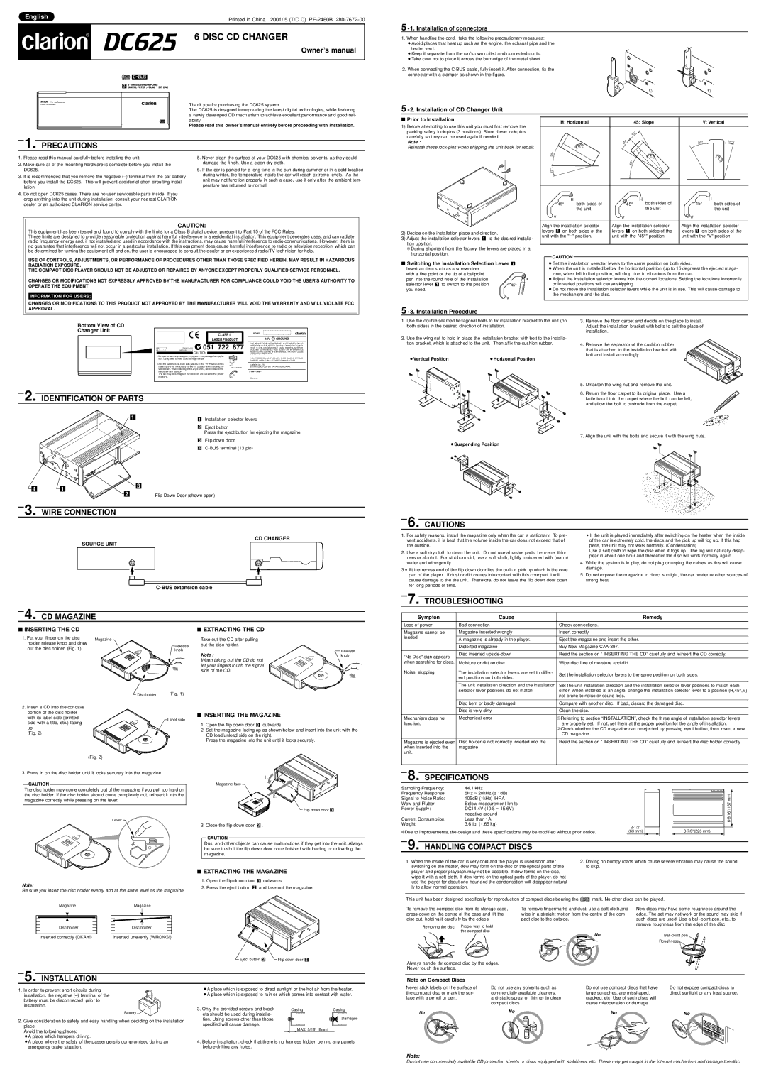 Clarion DC625 owner manual Precautions, Identification of Parts, Wire Connection, CD Magazine, Troubleshooting 