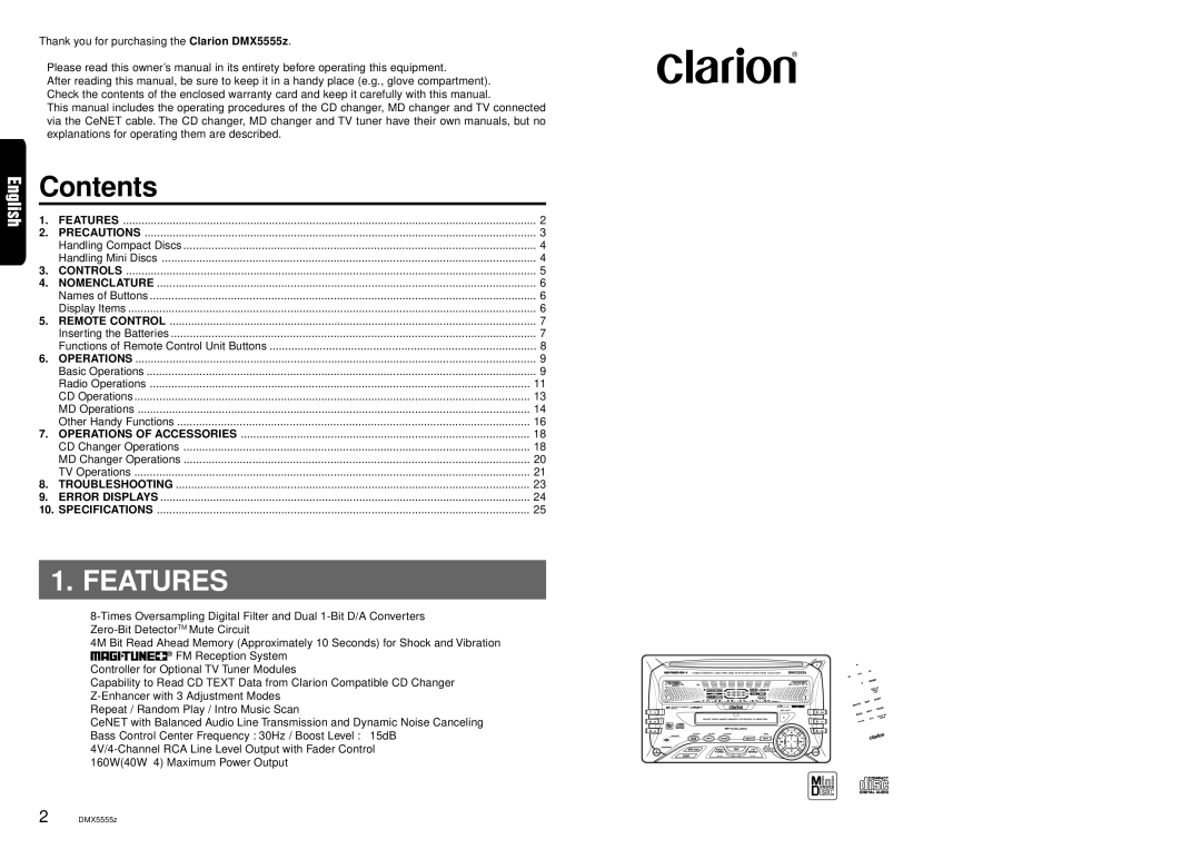 Clarion DMX5555Z owner manual Contents, Features 