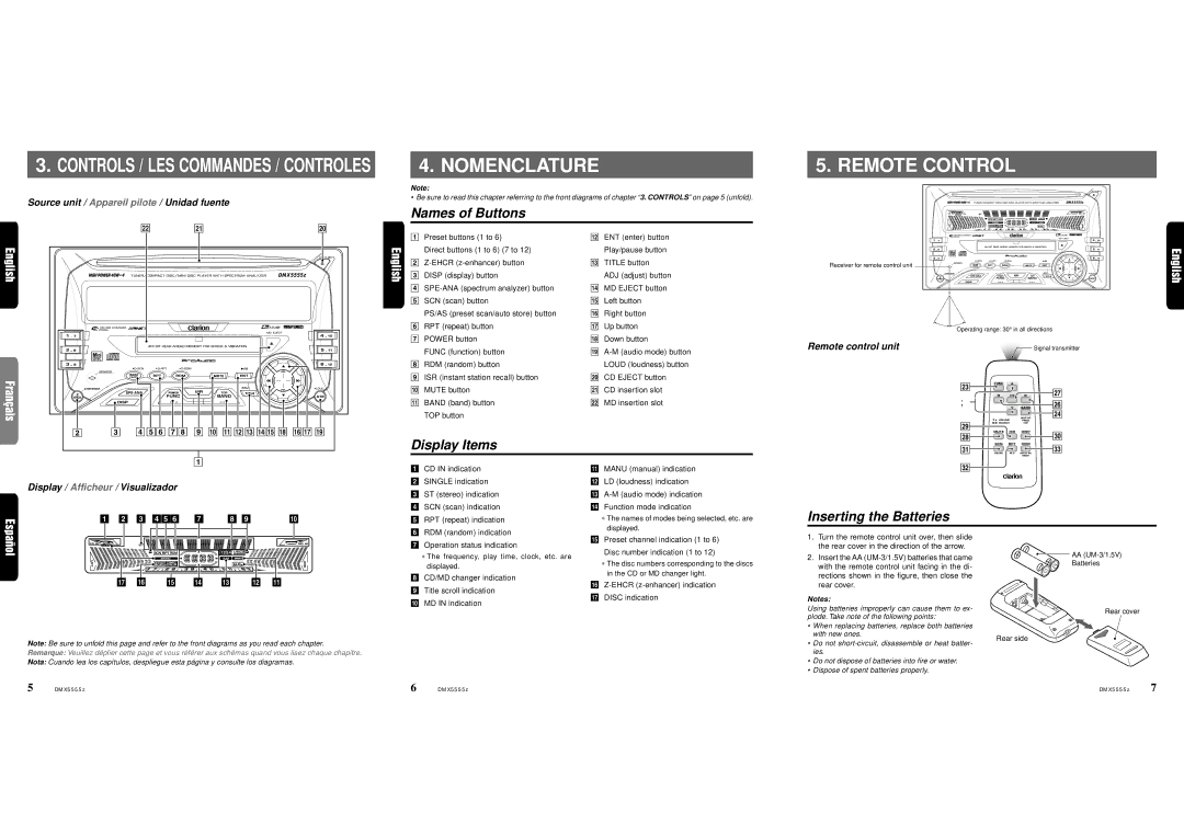 Clarion DMX5555Z owner manual Nomenclature, Names of Buttons, Display Items, Inserting the Batteries 