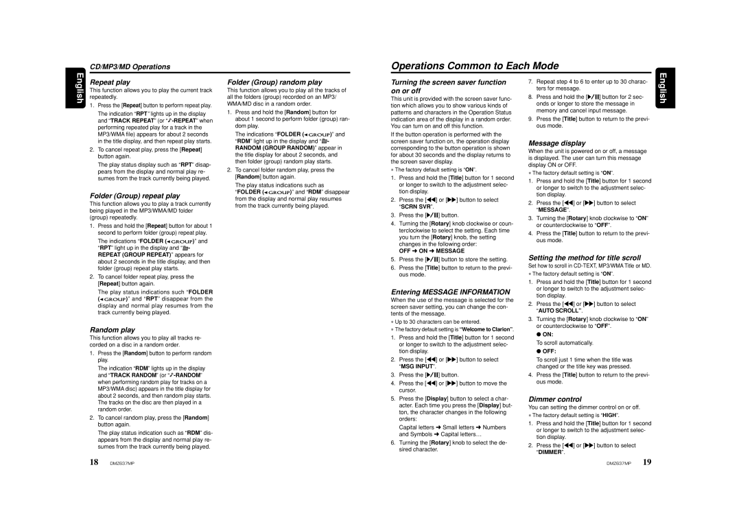 Clarion DMZ637MP owner manual Operations Common to Each Mode 