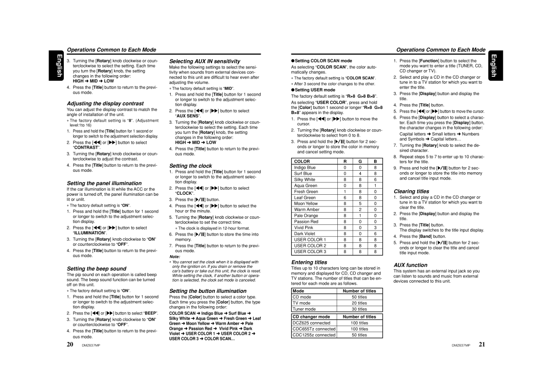 Clarion DMZ637MP owner manual Operations Common to Each Mode, Adjusting the display contrast, Selecting AUX in sensitivity 