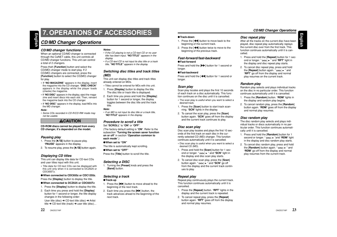 Clarion DMZ637MP owner manual Operations of Accessories, CD/MD Changer Operations 