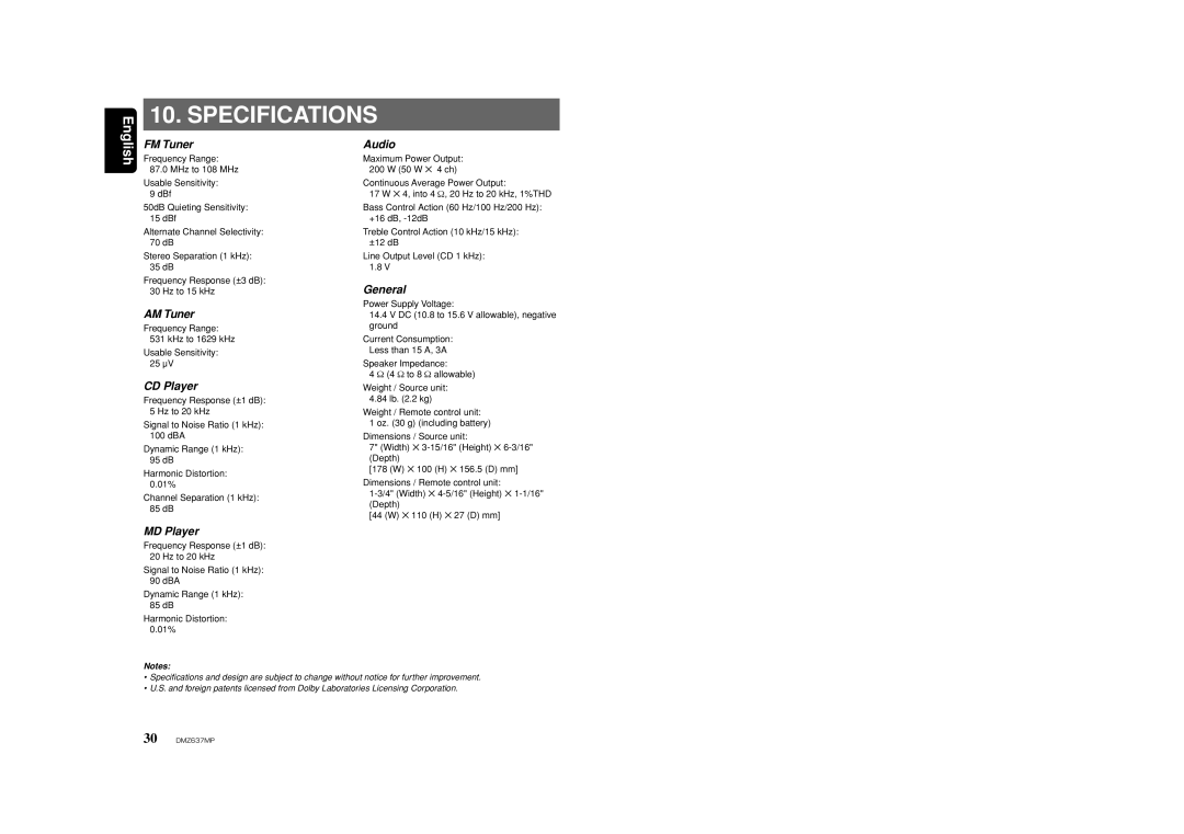 Clarion DMZ637MP owner manual Specifications 