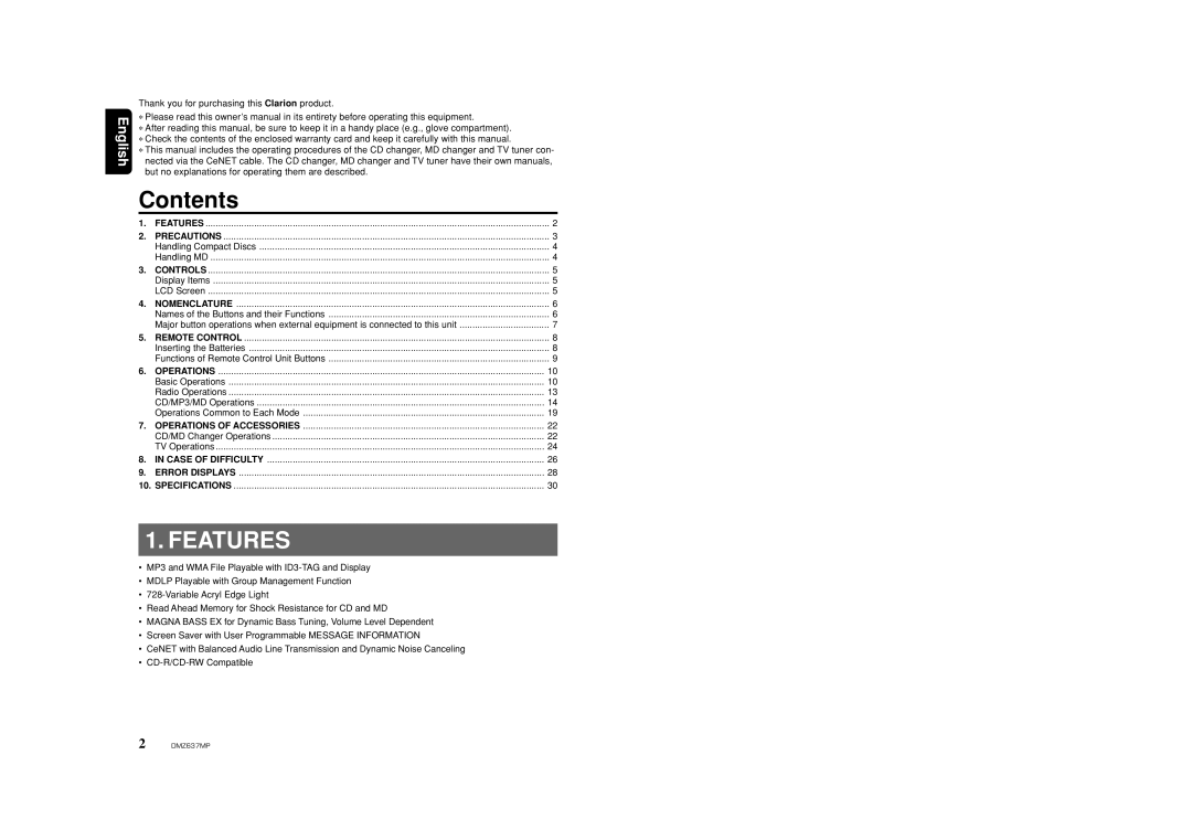 Clarion DMZ637MP owner manual Contents, Features 