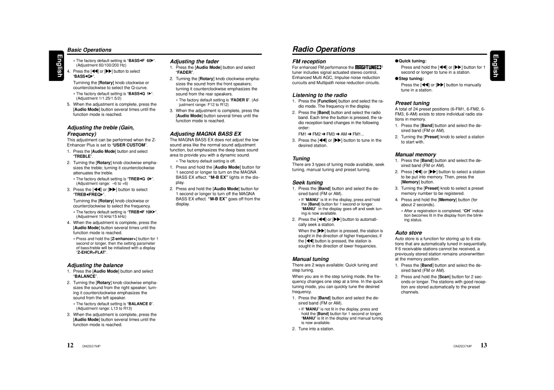 Clarion DMZ637MP owner manual Radio Operations 