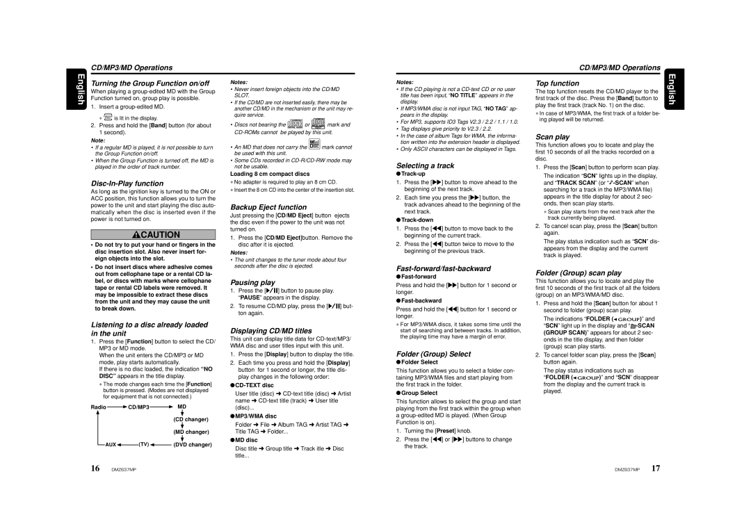 Clarion DMZ637MP Turning the Group Function on/off, Top function, Scan play, Selecting a track, Disc-In-Play function 