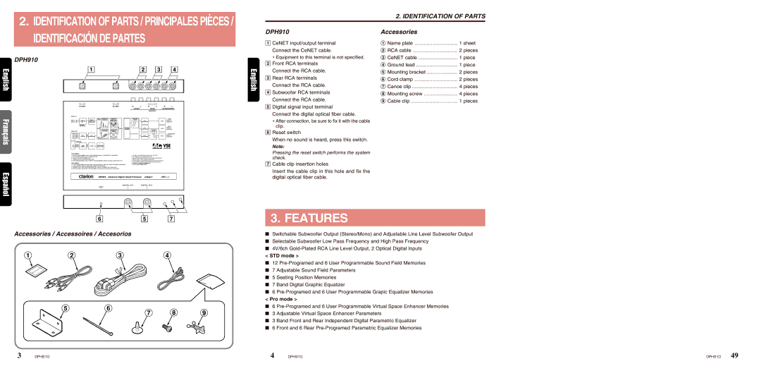 Clarion DPH910 owner manual Features, Accessories / Accessoires / Accesorios 