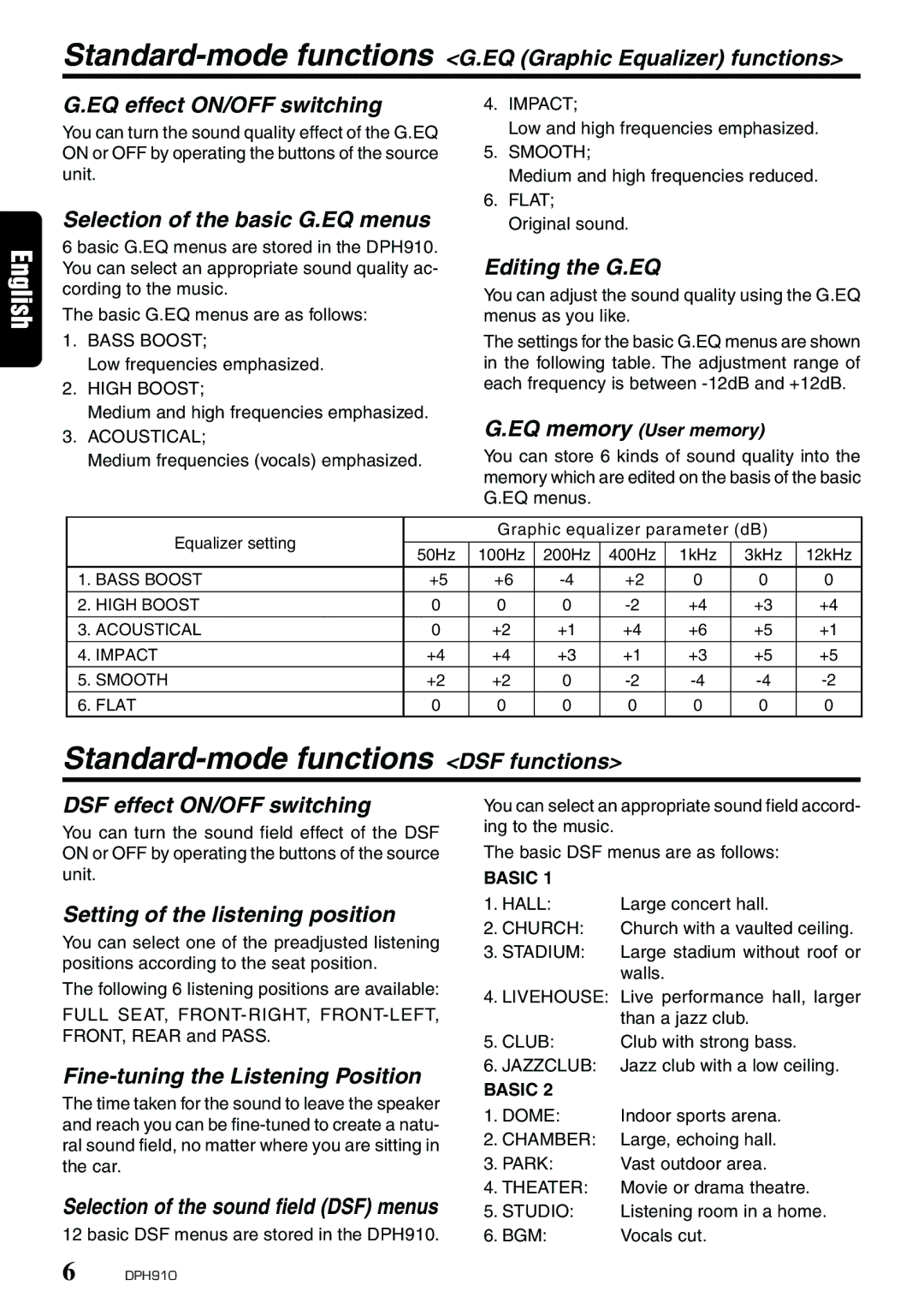 Clarion DPH910 owner manual Selection of the basic G.EQ menus, Editing the G.EQ, DSF effect ON/OFF switching 