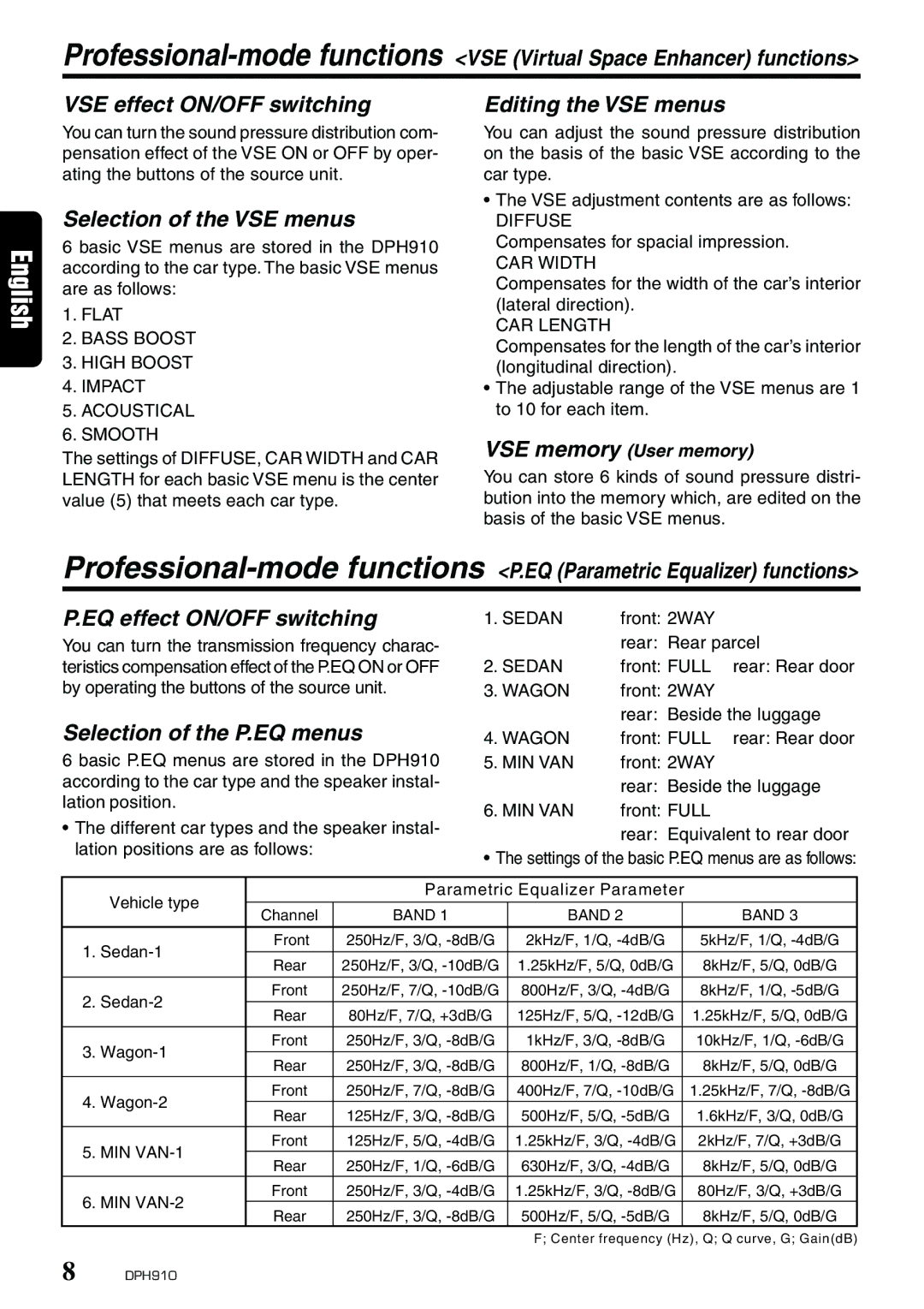 Clarion DPH910 owner manual VSE effect ON/OFF switching, Selection of the VSE menus, Selection of the P.EQ menus 