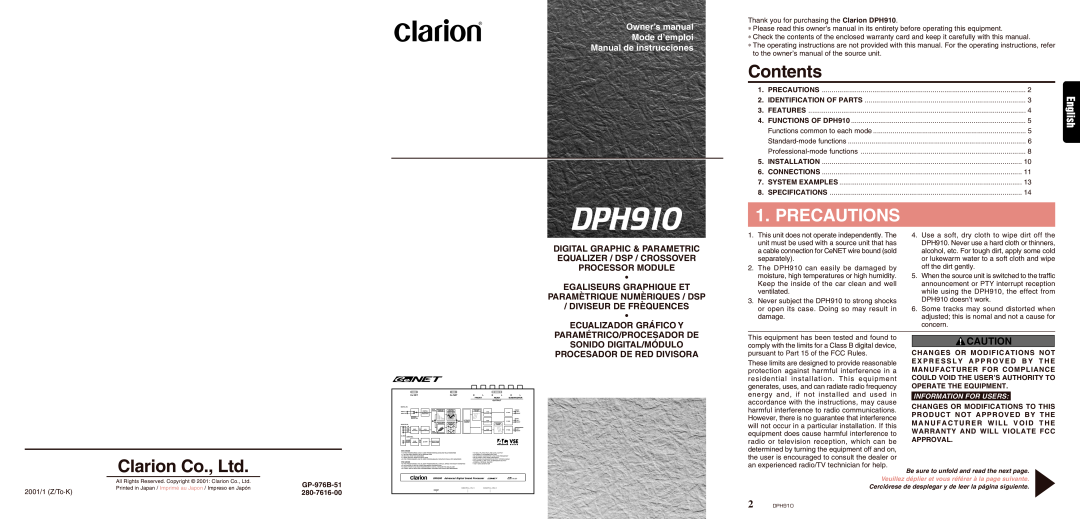 Clarion DPH910 owner manual Contents, Precautions, Manual de instrucciones, Egaliseurs Graphique Et, Information For Users 