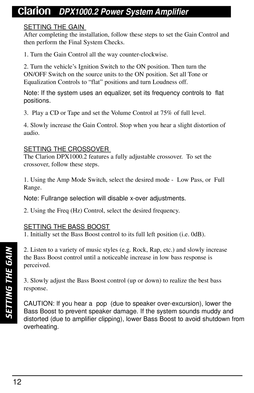 Clarion DPX1000.2 manual Setting the Gain, Setting the Crossover, Setting the Bass Boost 