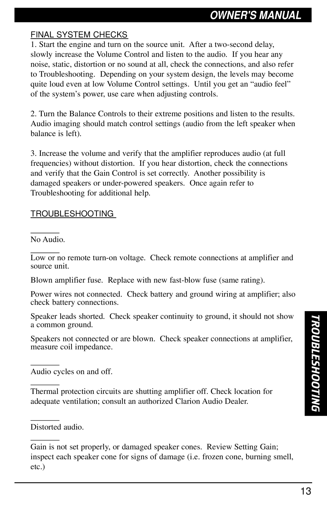 Clarion DPX1000.2 manual Troubleshooting, Final System Checks 