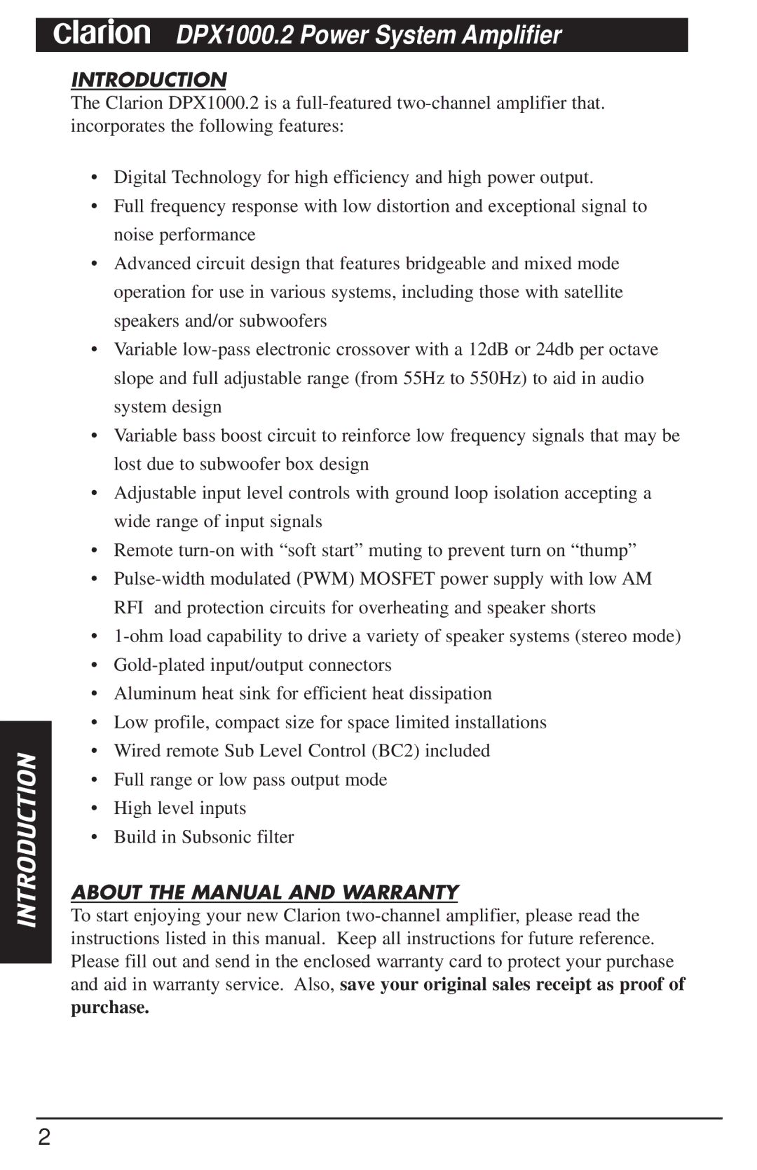 Clarion DPX1000.2 manual Introduction, About the Manual and Warranty 