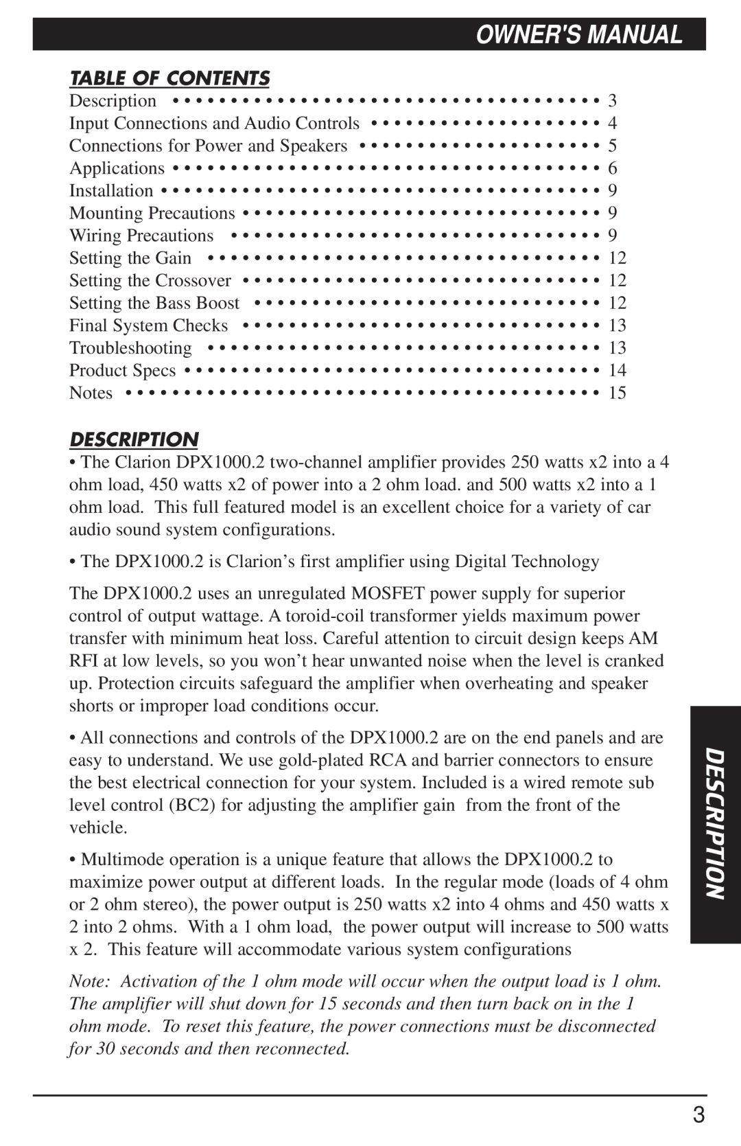 Clarion DPX1000.2 manual Description, Table of Contents 