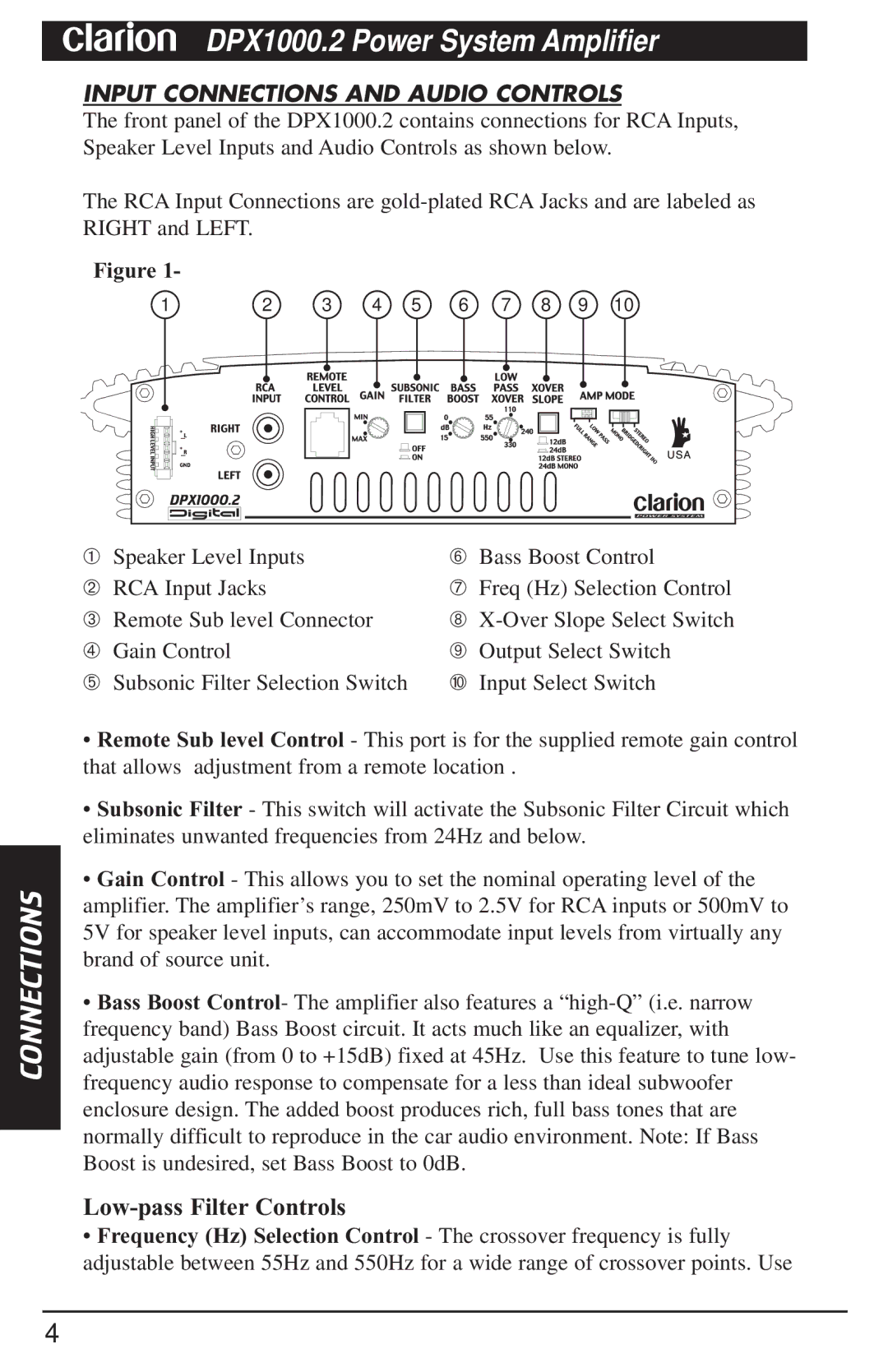 Clarion DPX1000.2 manual Input Connections and Audio Controls 