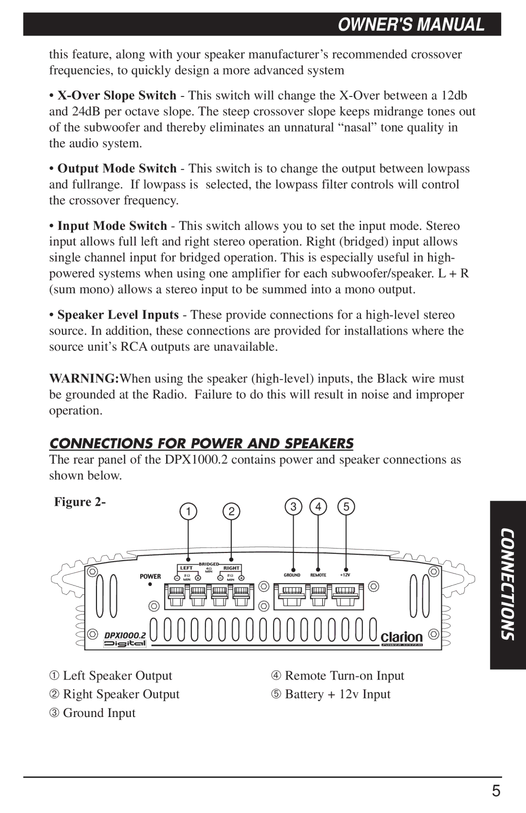 Clarion DPX1000.2 manual Connections for Power and Speakers 