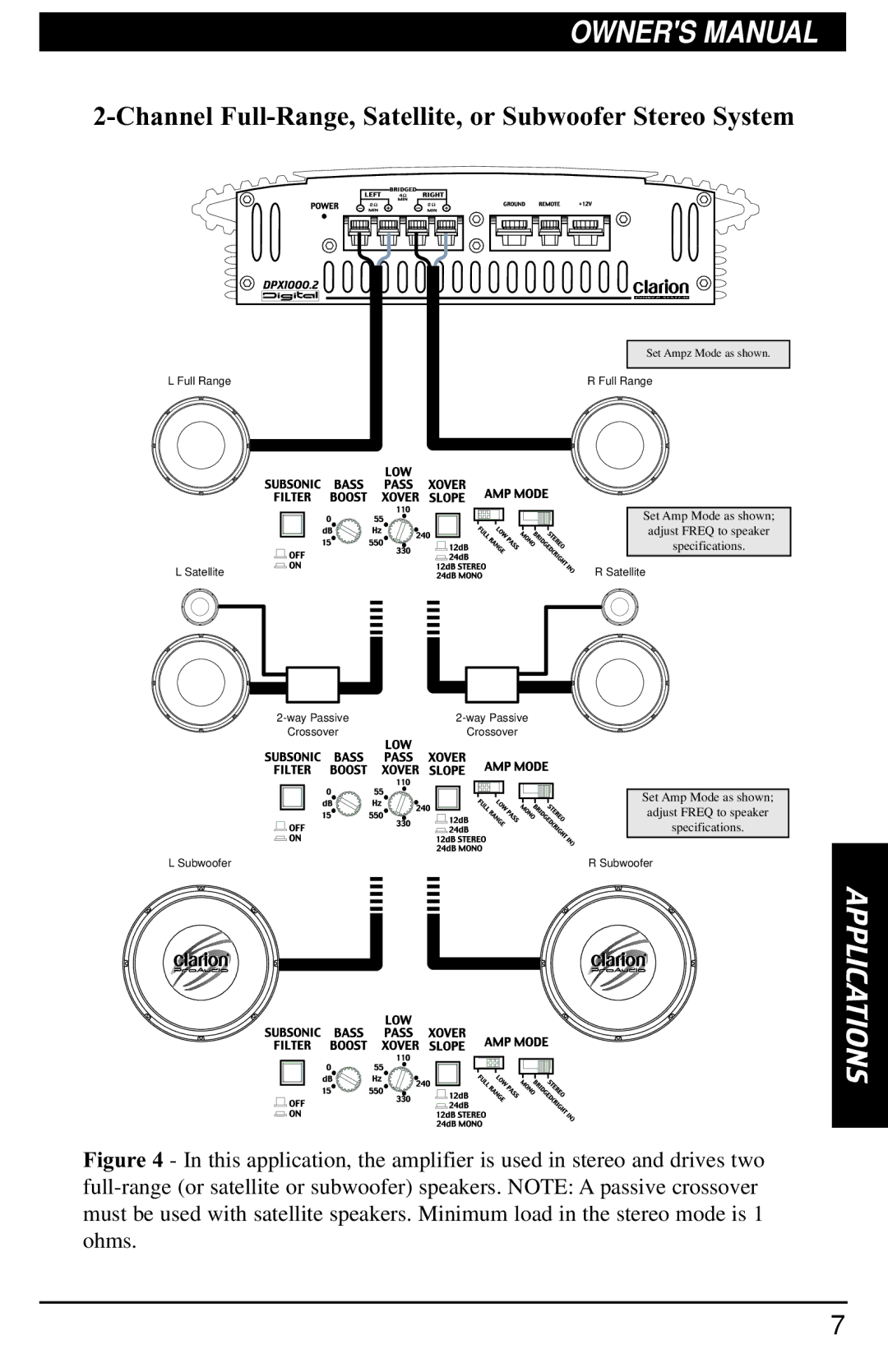 Clarion DPX1000.2 manual Channel Full-Range, Satellite, or Subwoofer Stereo System 